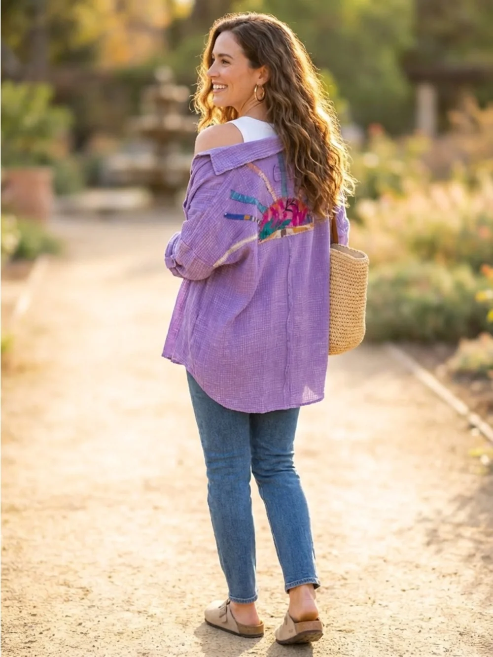 Lavender Cotton Embroidered Lightweight Button-Up Shirt - Picture 2 of 3